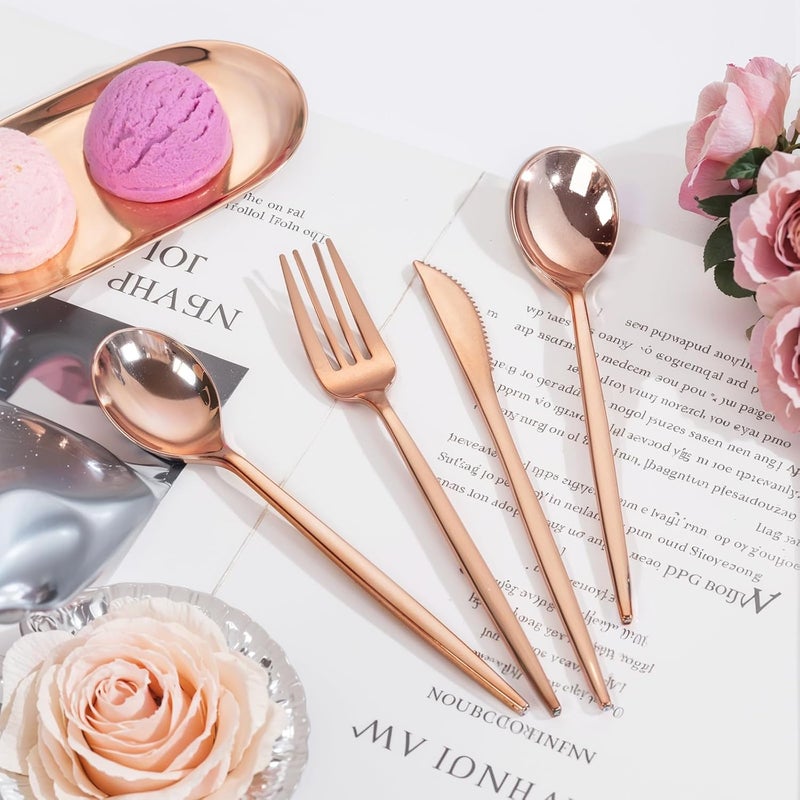 PULOTE 150PCS Rose Gold Plastic Silverware Set - Heavy Duty Rose Gold Utensils - Plastic Cutlery Disposable - Include 50 Forks, 50 Knives, 50 Spoons for Party & Wedding - Image 5